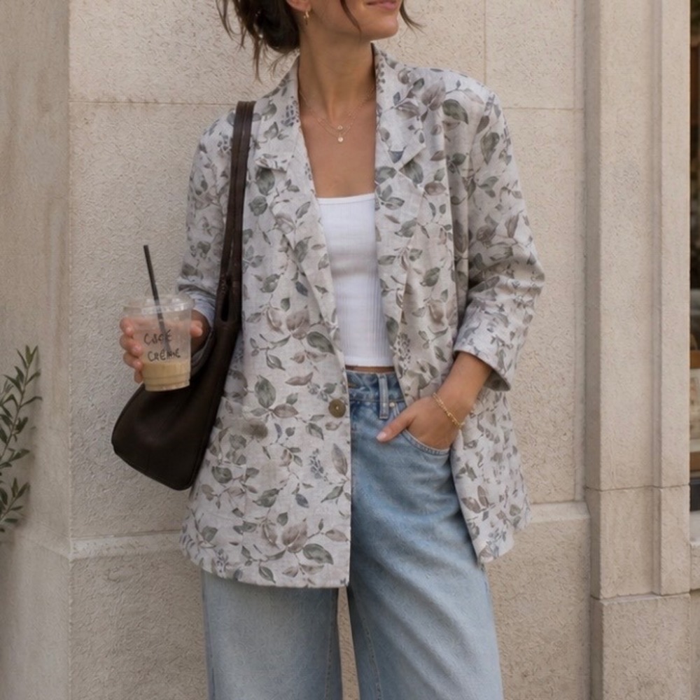 Vintage Alice Stuart Linen Blend Oversized Blazer‎ L Neutral Botanical USA Boho